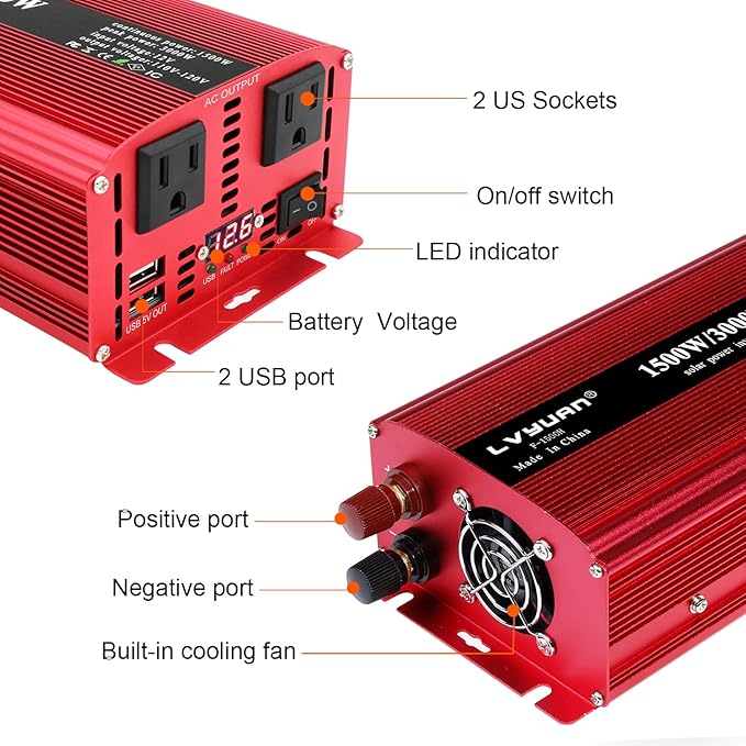 Yinleader 1500 Watts Car Power Inverter 12V to 110V, DC to AC Converter Dual AC - Image 2