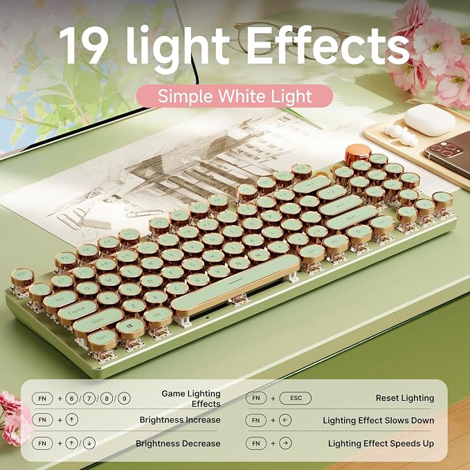 EWEADN V20 Green Typewriter Keyboard, 87 Keys Backlit Typewriter Style - Image 6