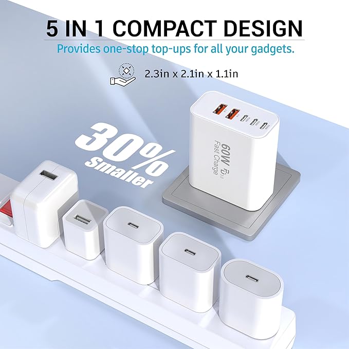 USB C Block 60W, 5 Ports Wall Plug Fast Charging Block, PD+QC Multiport Power - Image 6