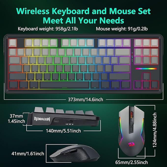 Redragon Wireless Mechanical Keyboard and Mouse Combo, RGB Backlit, TKL Creamy - Image 8
