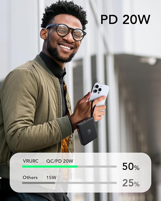 VRURC Portable Charger with Built-in Cable, 10000mAh 22.5W Fast Charging USB C - Image 3