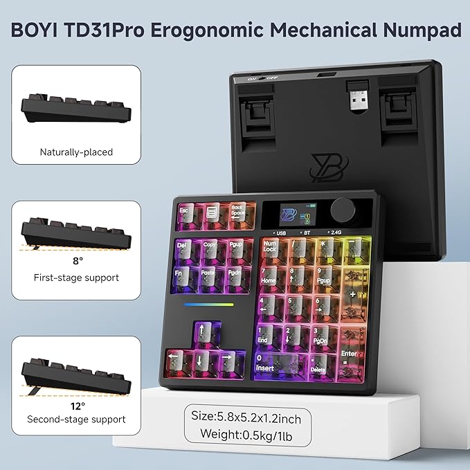 BOYI TD31Pro Gaming Keyboard, Mini Mechanical Numpad, BT5.0/2.4G/Type-C - Image 7