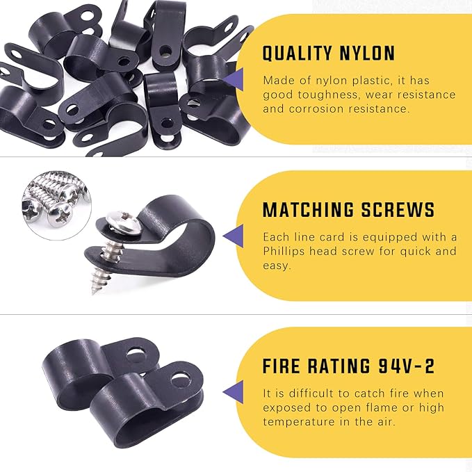 Swpeet 120 Pack Black 1/2 Inch Nylon Plastic R-Type Cable Clips Clamp Kit - Image 3