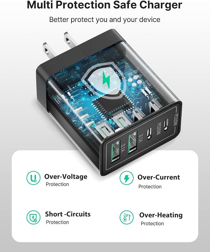 USB C Wall Charger Block, Aiminu 40W 4-Port Fast Charging Block Dual Port QC+PD - Image 5