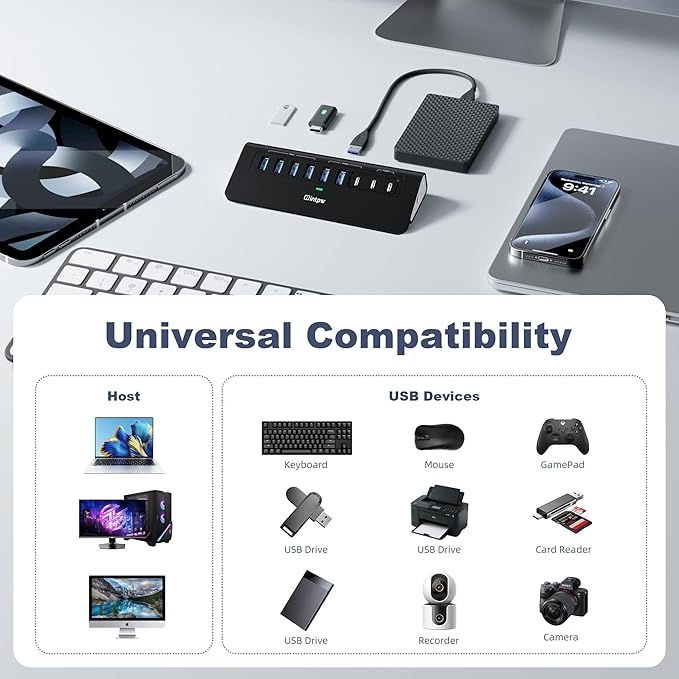 Powered USB Hub 10Gbps, intpw YH6AC 9-Port USB HUB - Image 7