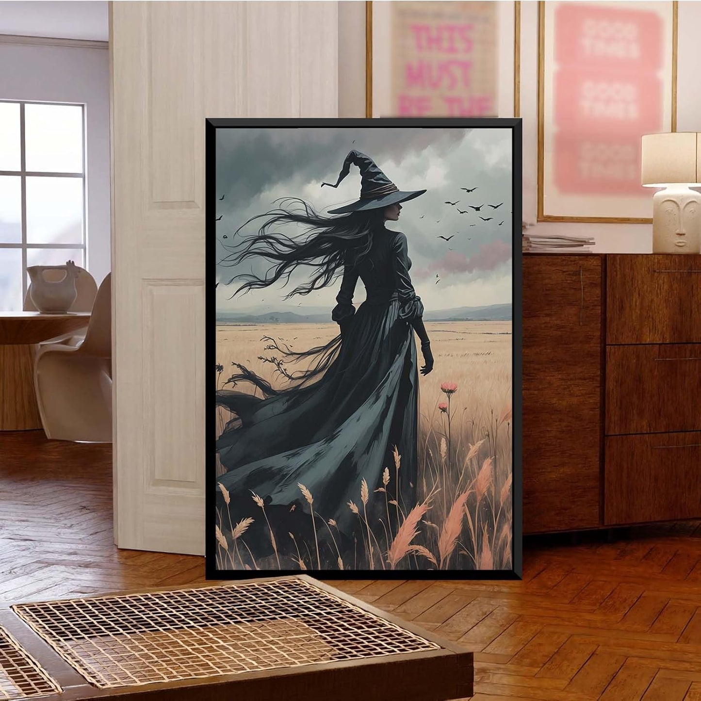 JFHCQJPK Gothic Decor Canvas Wall Art Witch in Rice Field Halloween Art Decor Print Nature Print Victorian Home Bedroom20x30in Metal blackFramed