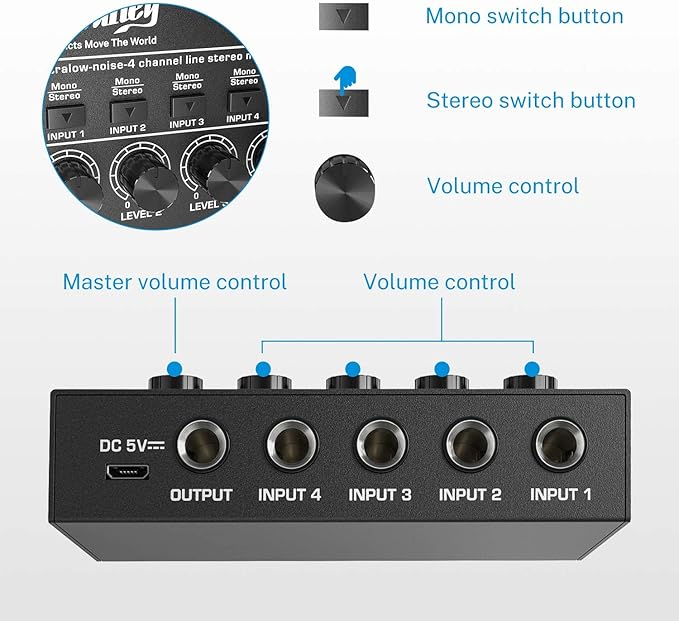 Moukey Mini Audio Mixer, DC 5V, 4 Stereo Ultra, Low Noise 4 Channel Line Mixer - Image 4
