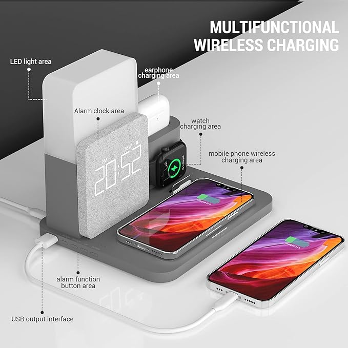 Wireless Charging Station, 3 in 1 Charging Station, Alarm Clock - Image 2