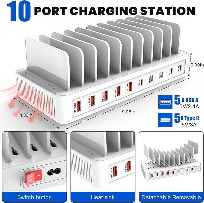 Charging Station for Multiple Devices, 100W 10 Ports Flat Plug Charging Dock - Image 3