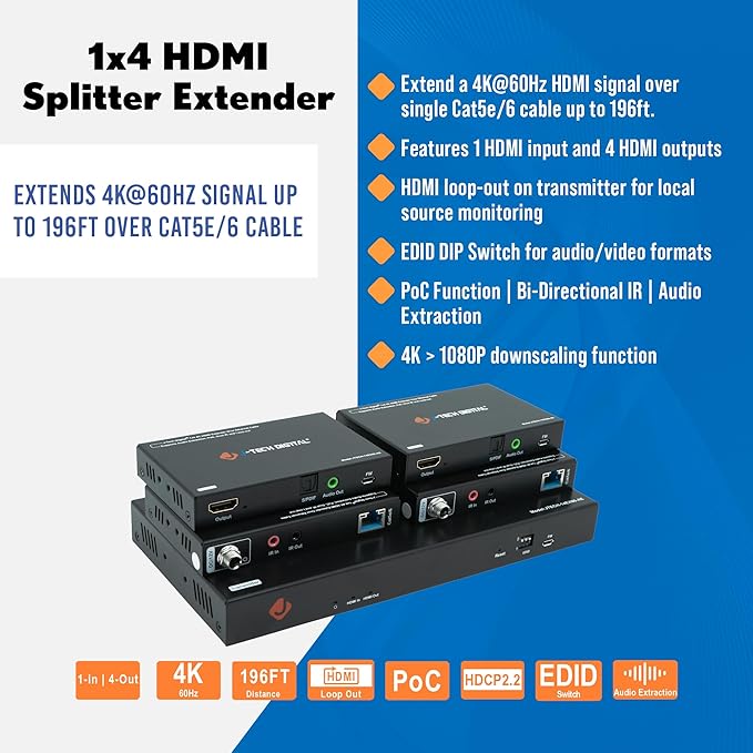 J-Tech Digital HDMI Extender Splitter 4K 60Hz 1 in 4 Out Over Single Cat5e/6 - Image 2