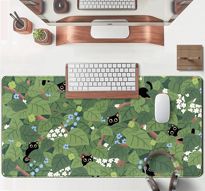 Kawaii Anime Aesthetic Black Cat Forest Plant Desk Mat, Laptop Keyboard and - Image 4