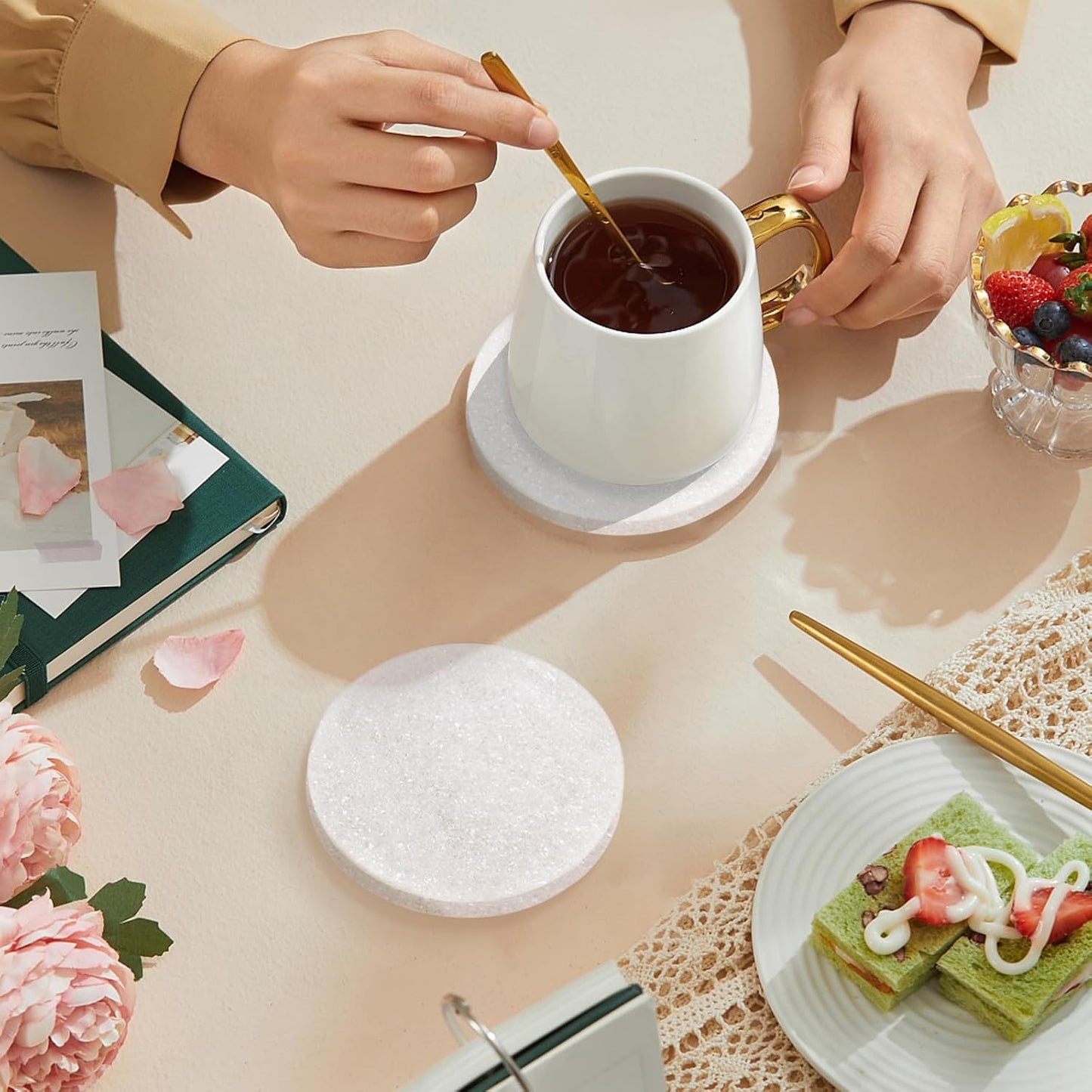White Marble Coasters with Bling Particles, Set of 4 - Natural Marble Stone Drink Coaster with Protective Silicone Feet, 4 inch Diameter, 0.4 inch Thick - Heat-Resistant Coasters for Coffee Table