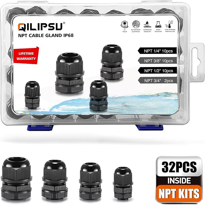 QILIPSU 32pcs NPT Cable Gland Kits 1/4" 3/8" 1/2" 3/4" Waterproof IP68 Nylon by QILIPSU