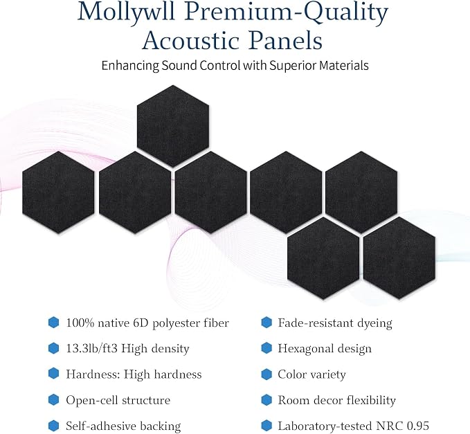 Mollywell Hexagon Acoustic Panels, High Density, Soundproofing, Decorative - Image 3