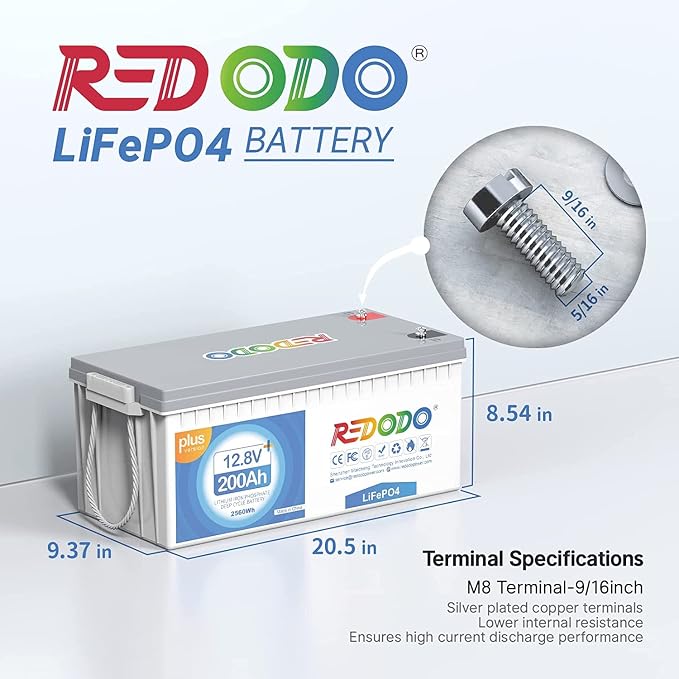Redodo 12V 200Ah Plus Lithium Battery, Max 2560W Power Output, 200A BMS - Image 2