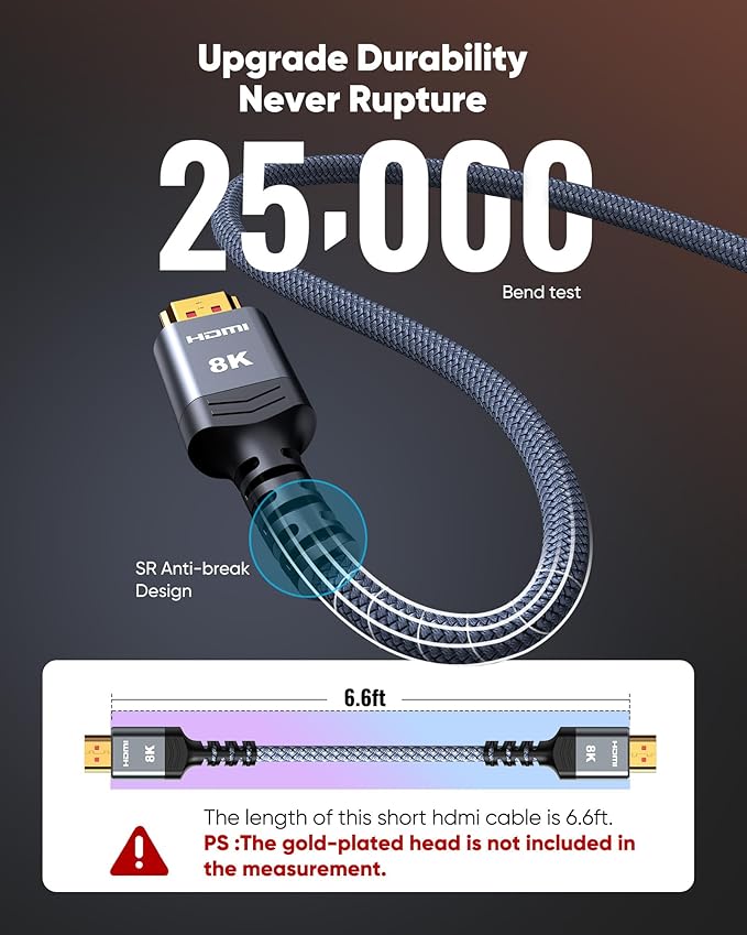 Highwings 8K 10K 4K HDMI Cable 48Gbps 6.6FT/2M, Certified Ultra High Speed HDMI - Image 5