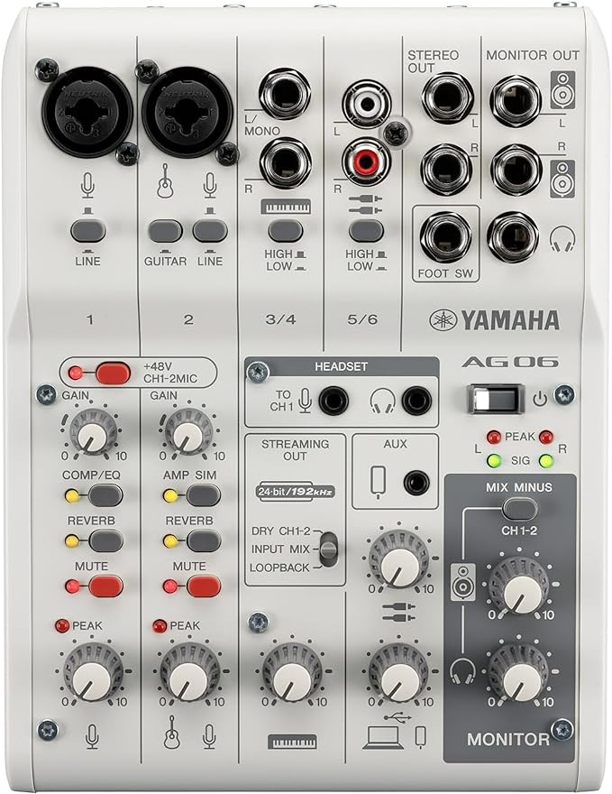 Yamaha AG06MK2 White 6-Channel Live Streaming Loopback Mixer/USB Interface by Yamaha
