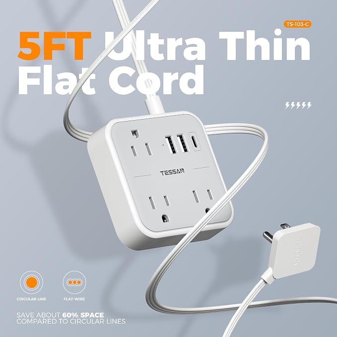 TESSAN Ultra Thin Flat Extension Cord 5 FT, Slim Power Strip - Image 4