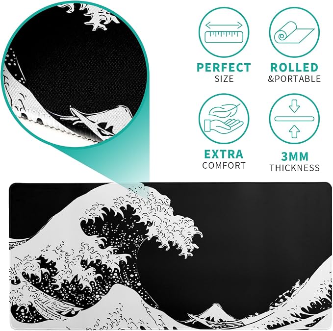 Japanese Sea Wave Large Mouse Pad, Abstract Black Gaming Mousepad, Extended - Image 5