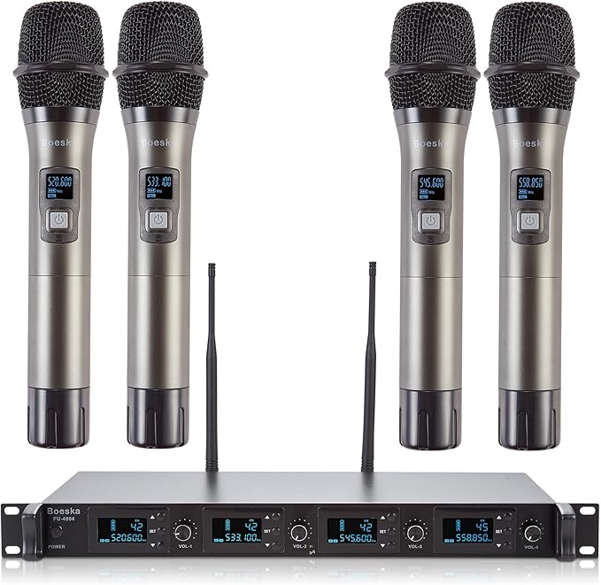 Wireless Microphone System, 4-Channel UHF Wireless Mic, Fixed Frequency Metal by Boeska