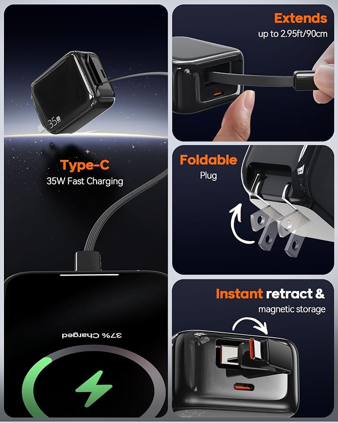 Retractable Wall Charger, 35W Fast USB C Charger Block - Image 2