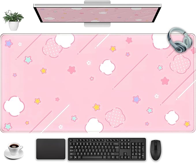 Pink Mouse Pad Large Desk Mat Gaming, Kawaii Desk Pads Stars Mouse Mat XXL Cute by Unknown