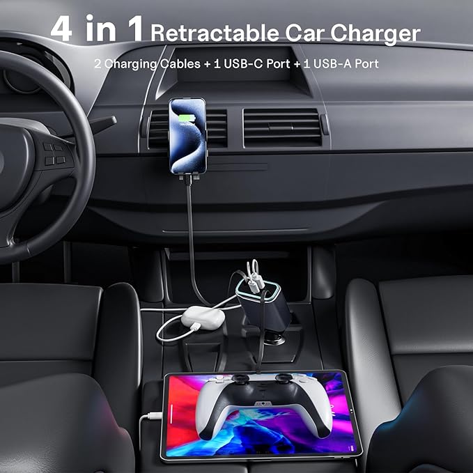 Retractable Car Charger USB C 131W 4-in-1 Fast Charging - Image 6
