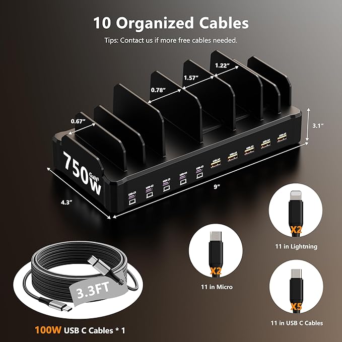 750W Charging Station for Multiple Devices, Zobirez 10-Port Fast Charger - Image 6