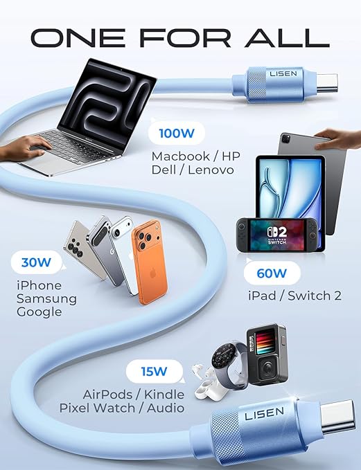 LISEN 10FT USB C Cable Fast Charging, Chubby 240W Cable USB C to USB C Fast - Image 3