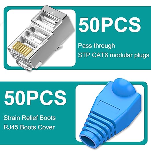 50-Pack Cat 6 Shielded Pass Through RJ45 Connectors + 50Pack RJ45 Strain Relief - Image 4