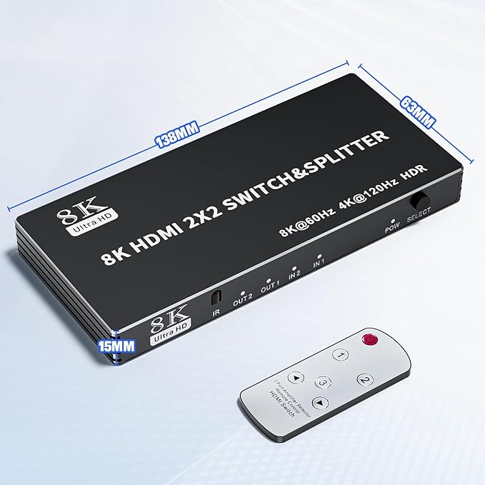 2x2 HDMI Switch Splitter, HDMI 2.1 Switcher 2 in 2 Out 8K@60Hz 4K@120Hz - Image 8