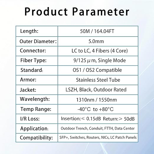 50M/165FT Outdoor Armored LC to LC Fiber Optic Cable, 4 Core OS2 Single Mode - Image 6