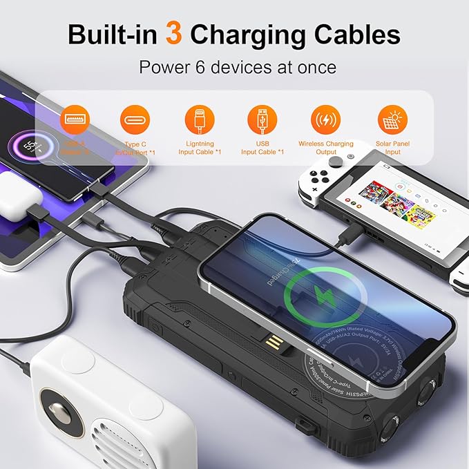 Solar Power Bank 20000mAh Wireless Portable Charger Built-in 3 Cables 15W USB-C - Image 2