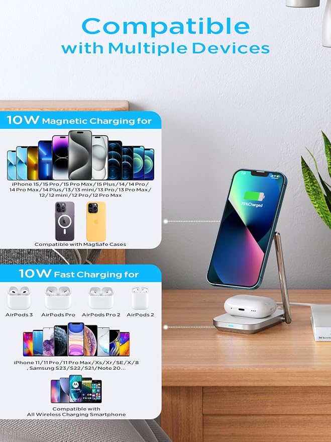 2-in-1 Magsafe Charger Stand, Zinc Alloy Foldable Magnetic Wireless Charger - Image 6