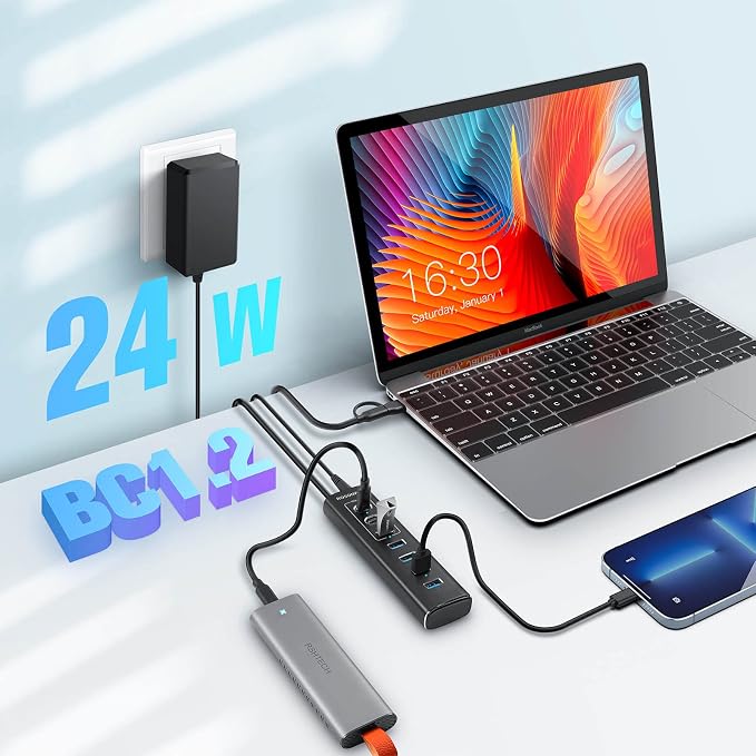 Powered USB Hub, Rosonway 7-Port USB 3.2/USB C Hub - Image 2