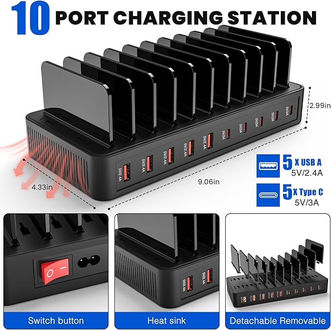 Charging Station for Multiple Devices, 100W 10 Ports Flat Plug Charging Dock - Image 3