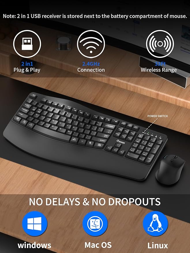 Wireless Keyboard and Mouse Combo, 2.4G Full Size Wave Keys Ergonomic Keyboard - Image 2