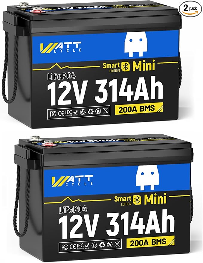 Mini LiFePO4 Lithium Battery 12V 314Ah 2 Pack Built-in 200A BMS & Bluetooth by Wattcycle