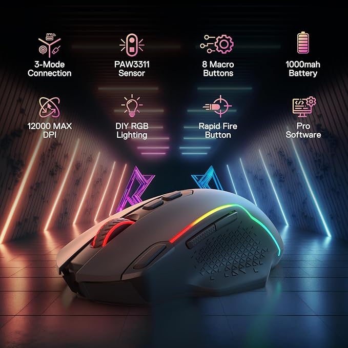 Redragon M810 MAX 3-Mode Wireless Gaming Mouse, 12000 DPI Wired/Wireless RGB - Image 2