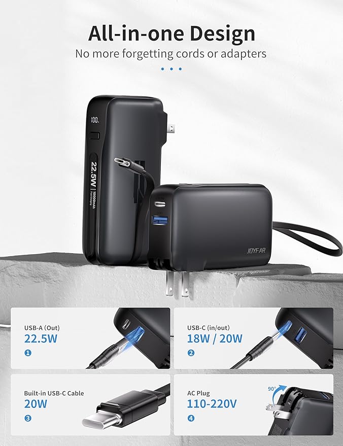 1 Pack Portable Charger with Built-in USB-C Cable & Plug, 000mAh 5V/4.5A Power - Image 2