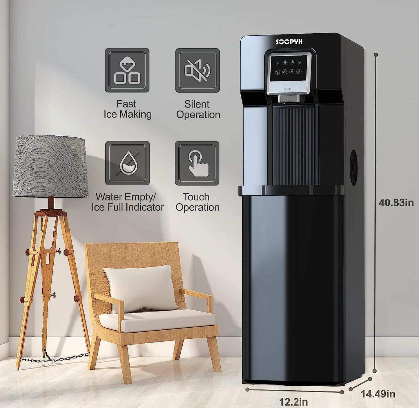 2 in 1 Bottom Load Water Cooler Dispenser with Ice Maker for 3 Gallon Bottle 17lbs Daily Capacity (NO HOT Water) Black