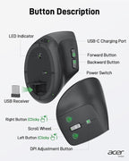 acer Ergonomic Mouse Wireless, Adjustable DPI Vertical Mouse 1000/1200/1600 - Image 6