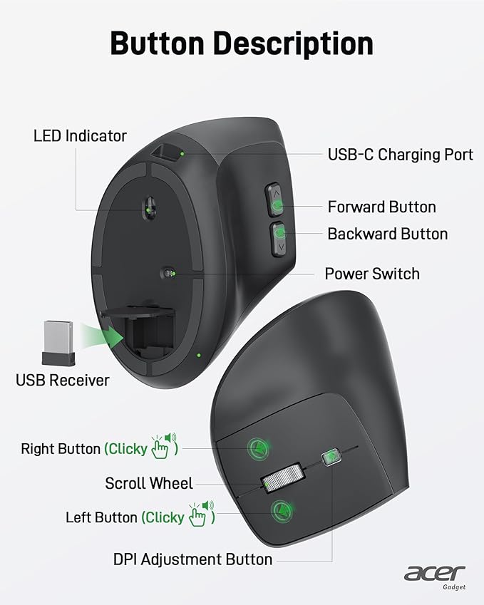 acer Ergonomic Mouse Wireless, Adjustable DPI Vertical Mouse 1000/1200/1600 - Image 6