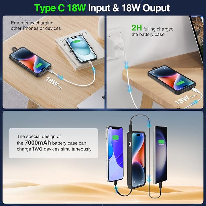 GIN FOXI Battery Case for iPhone 15/15 Pro, Built-in Cable 7000mAh Fast Charing - Image 4