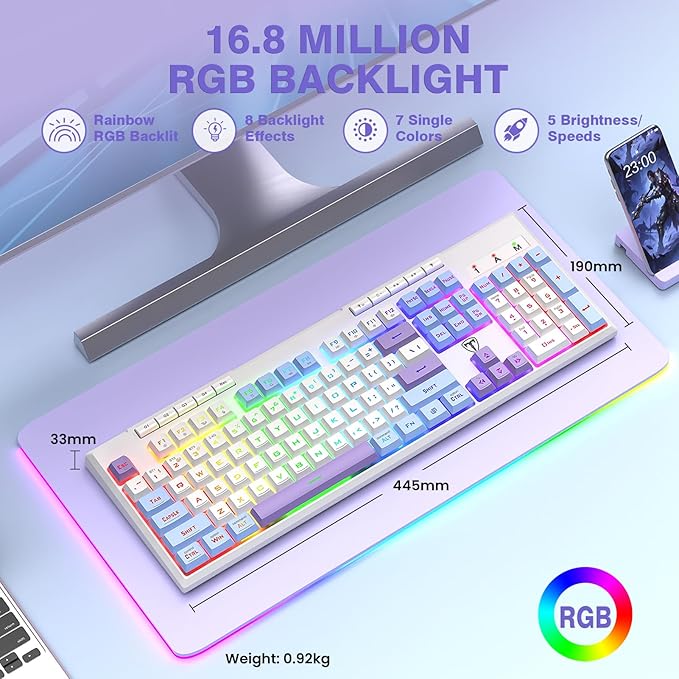 RisoPhy Wireless Gaming Keyboard, Tri-Mode BT5.0/2.4GHz/USB-C, RGB Light up - Image 3