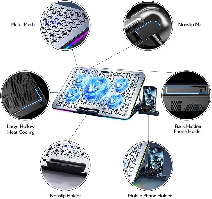 LIANGSTAR Laptop Cooling Pad, Laptop Cooler Gaming 5 Quiet Fans - Image 6