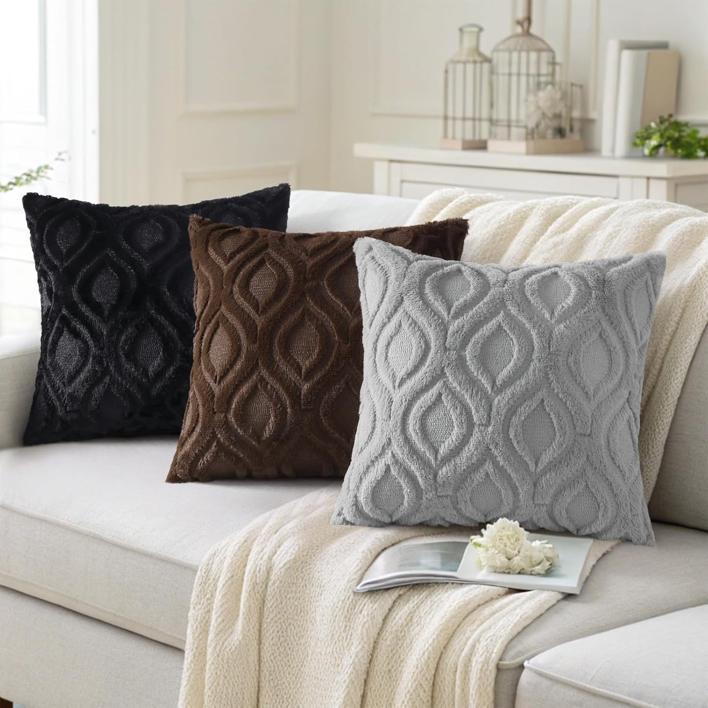 decorUhome Fall Throw Pillow Covers 24x24 Inch Set of 2, Soft Plush Decorative Faux Fur Black Solid Couch Pillow Covers, Accent Farmhouse Neutral Square Euro Pillow Cases for Sofa Bed Living Room