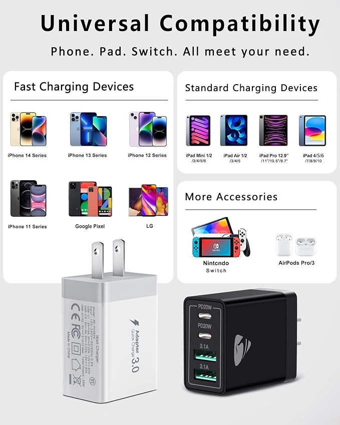 USB C Wall Charger, Aiminu 40W Fast USB C Charger, 4-Port QC+PD 3.0 Power - Image 6