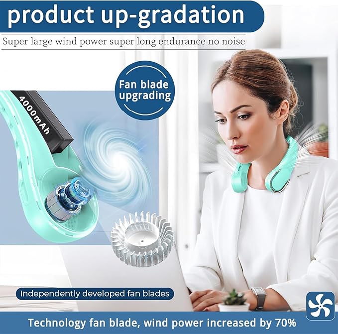 Portable Neck Fan, Neck Fans for Women, 4000 mAh Rechargeable Personal Fan - Image 2