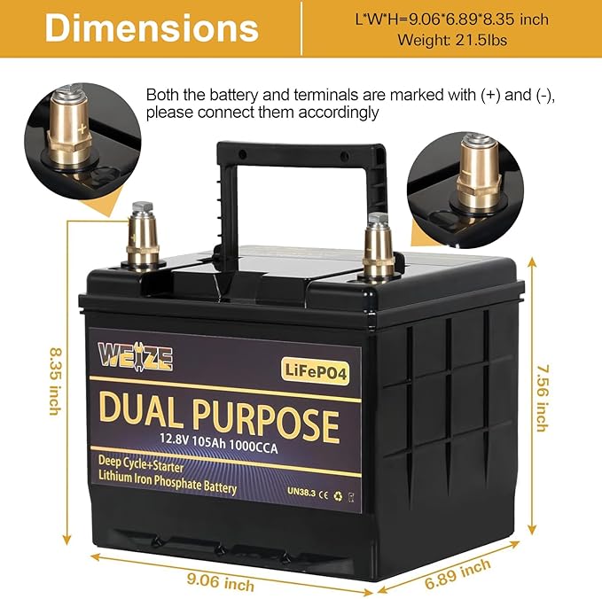 WEIZE 12V 105AH Dual Purpose LiFePO4 Lithium Battery, 1000CCA Group 31 Group 27 - Image 3